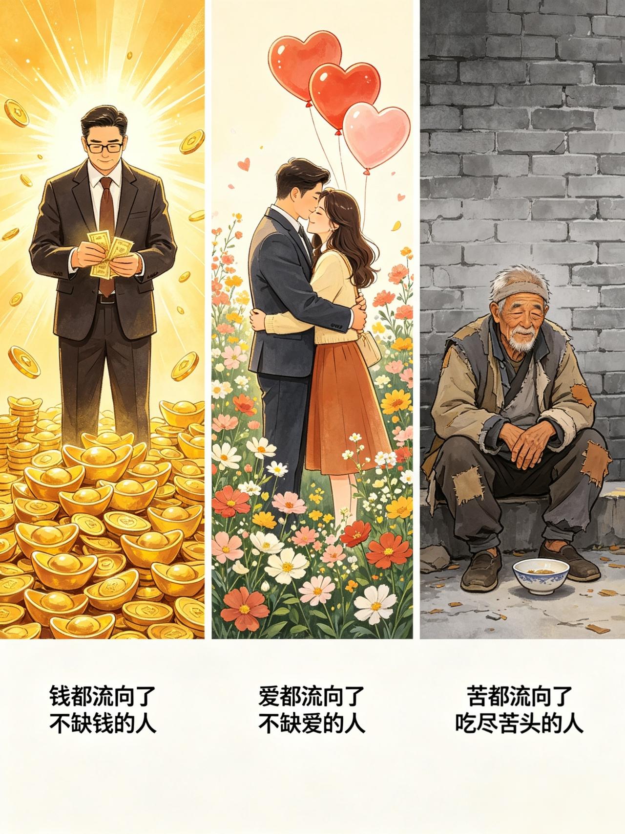 钱都流向了不缺钱的人，爱都流向了不缺爱的人，苦都流向了吃尽苦的人，
锅都甩给了最