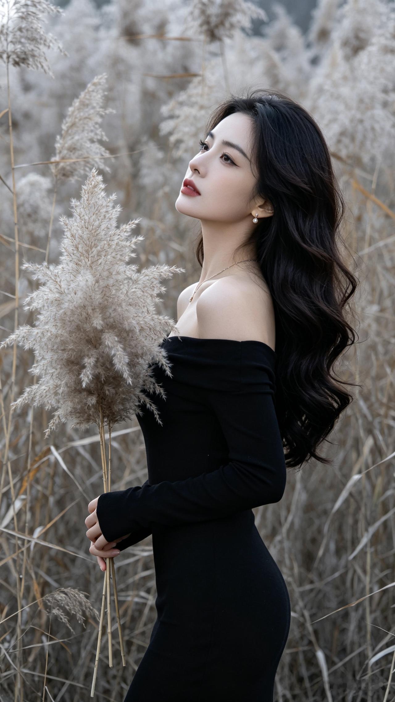 秋冬冷调芦苇写真，女子深色波浪卷发，精致淡妆配简约首饰，身着黑色露肩修身裙侧身而