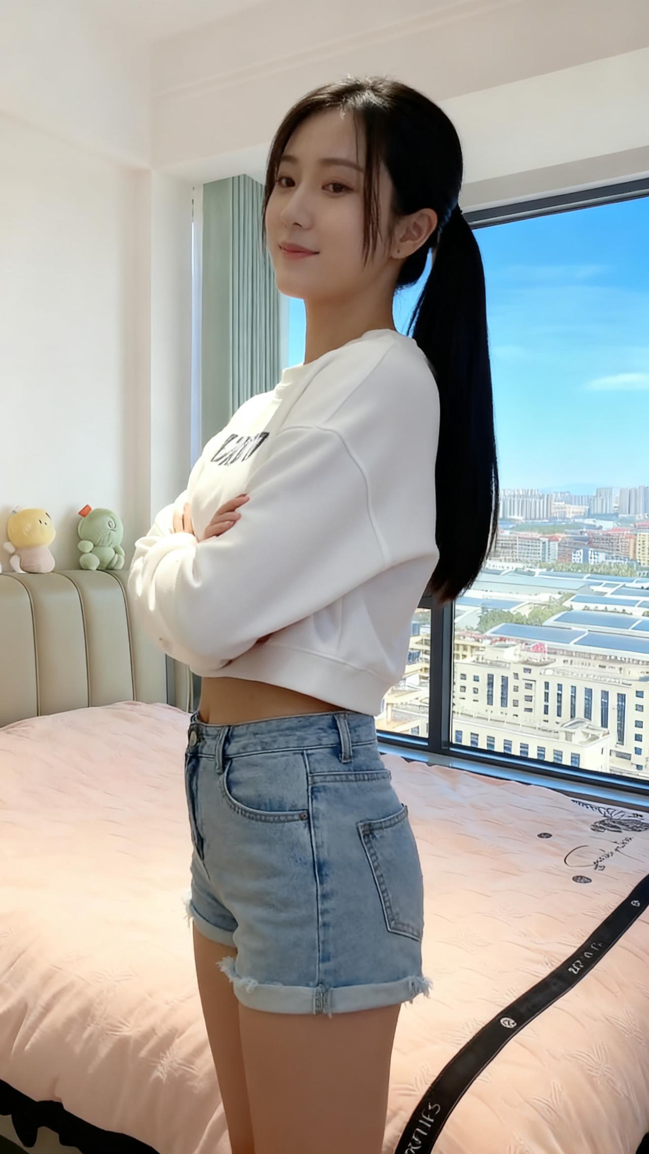 她站在窗前
白卫衣的下摆
露出一小截腰肢
像春天里
刚冒尖的嫩芽
 ～
阳光在她