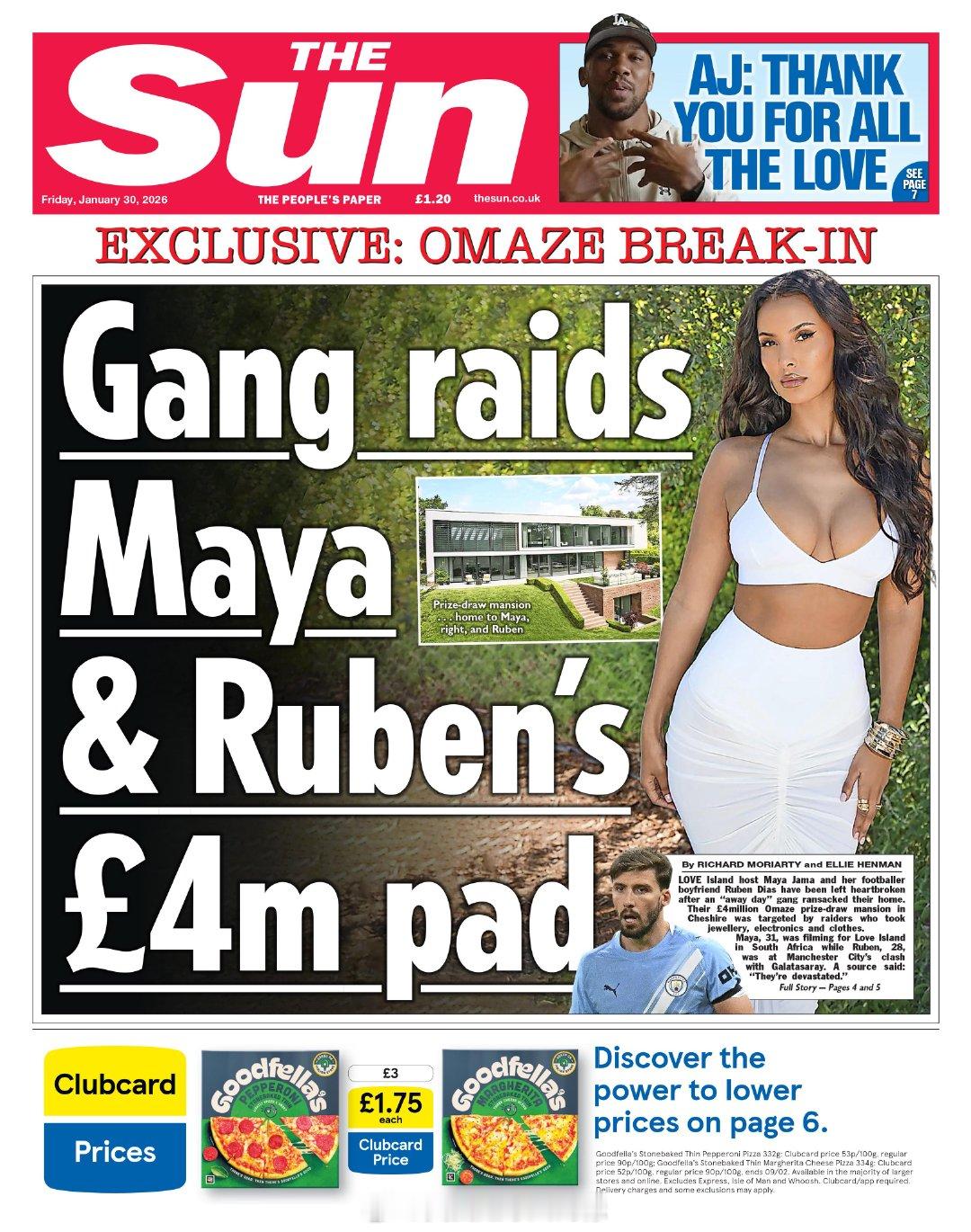 【曼城球星住宅被盗窃】《太阳报》头版独家：曼城中卫鲁本-迪亚斯与女友玛雅贾玛在柴