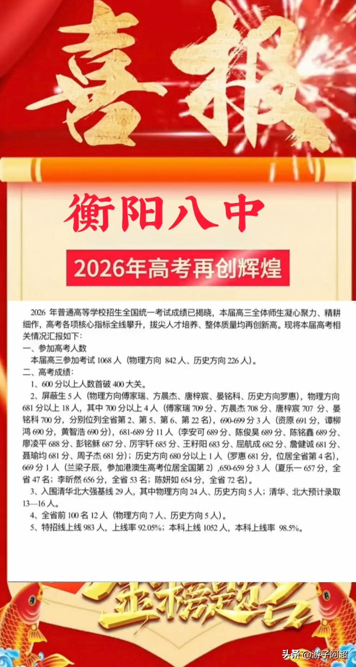 2026年湖南衡阳市衡阳八中的高考成绩。
衡阳八中是湖南省公认的顶尖名校，今年高