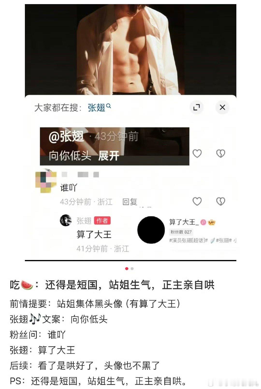 张翅疑似远程给站姐道歉的🍉总结如下：1️⃣张翅站姐黑头像2️⃣张翅发了条🎶文