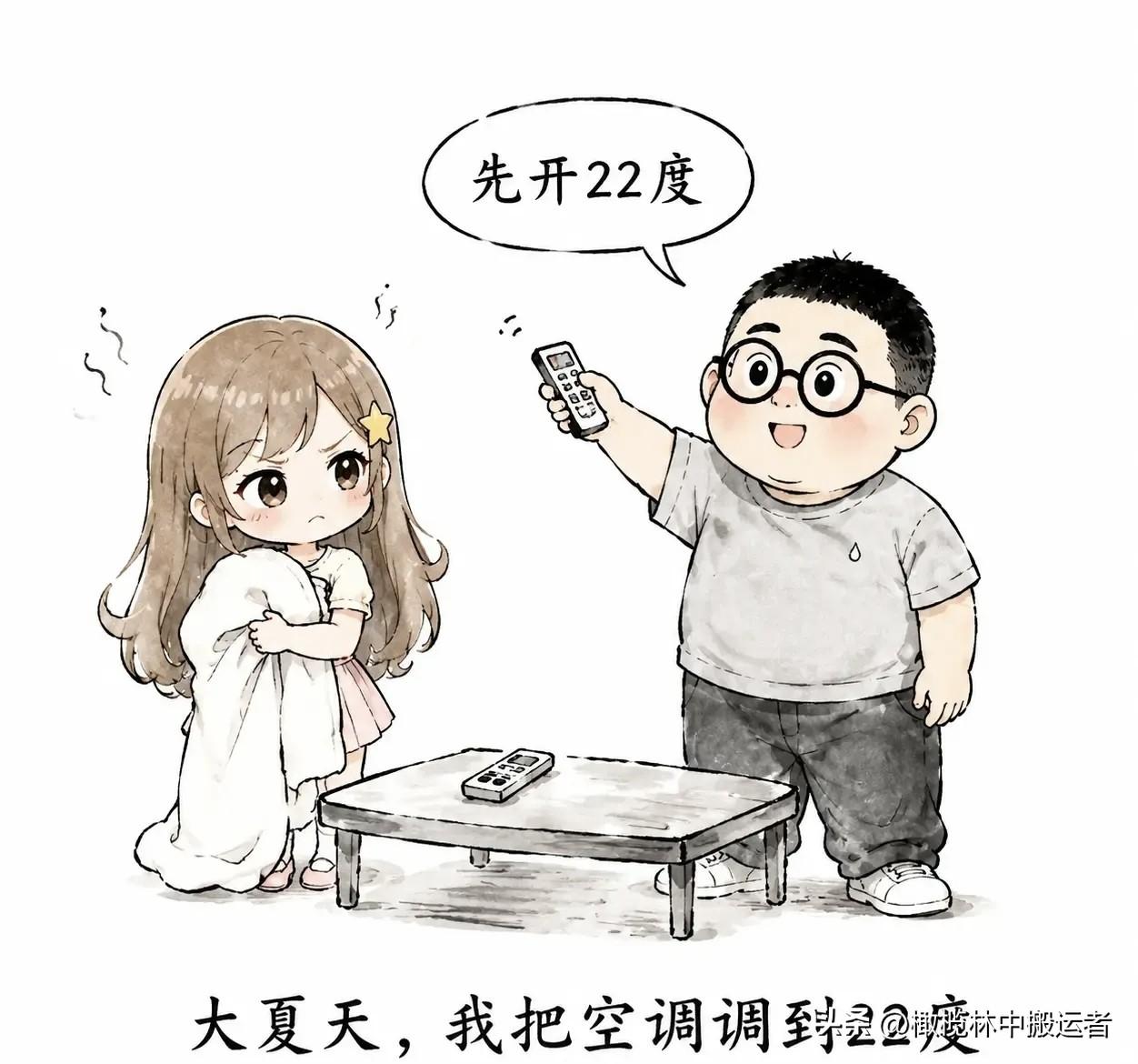 有趣漫画推荐：大夏天，我把空调调到22度。老婆裹着被子喊：“冷！调高！”我调到2