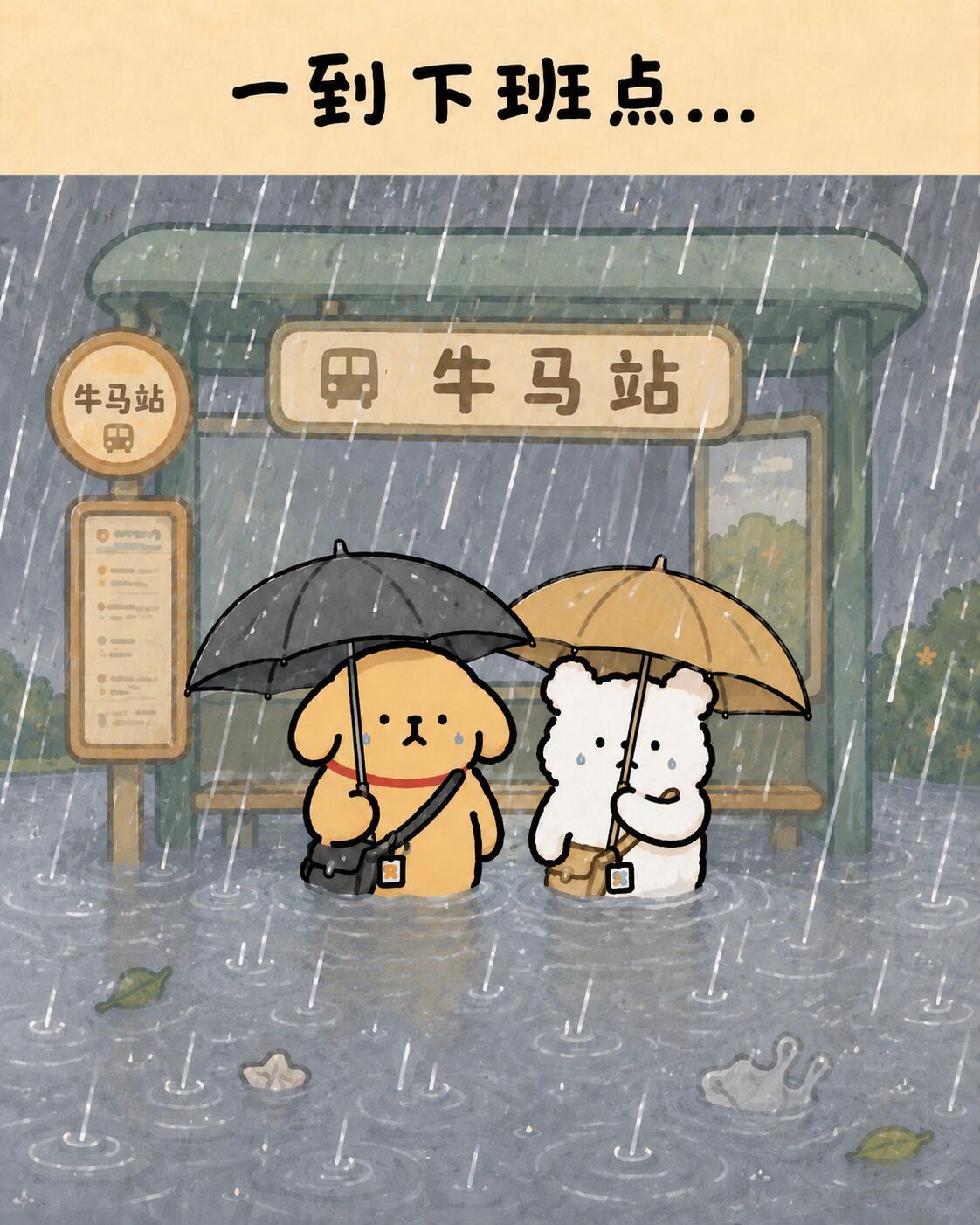 晚高峰下雨☔，叫车三倍加价，走路坐地铁，目测出门2分钟我的鞋就完了！今日不该出门
