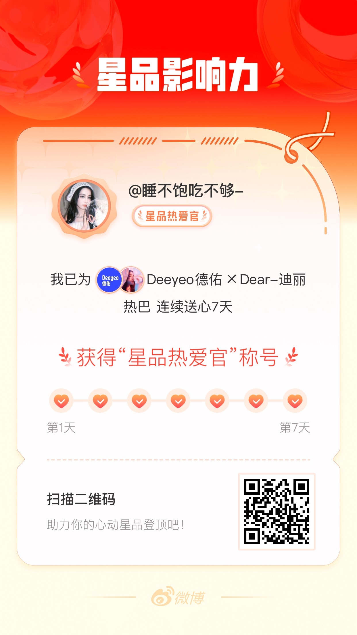 我在星品影响力上为 X 连续送心7天，获得“星品热爱官”称号！快来一起pick你