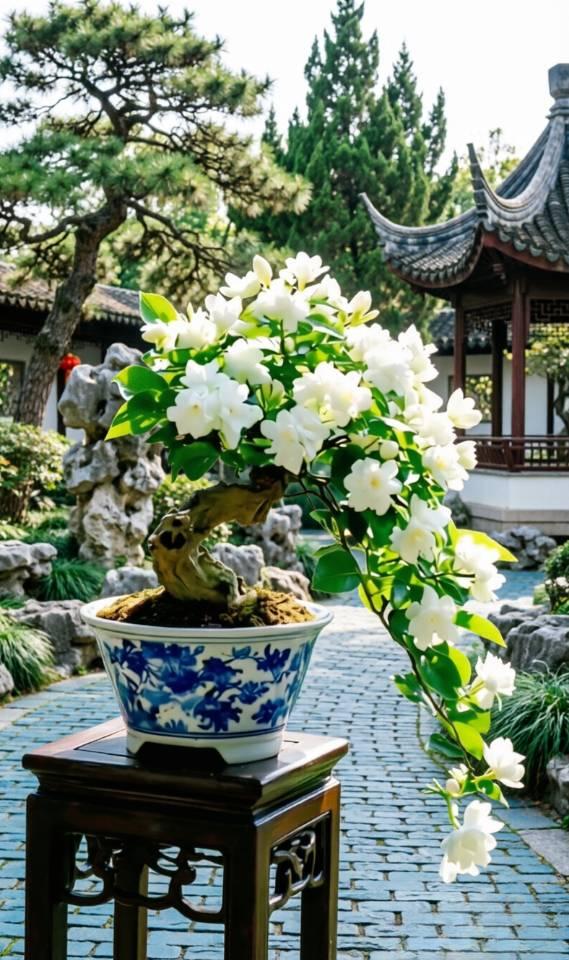 白梅吐蕊映古亭，青瓷承露养幽情。一园风月藏不住，半盏茶香伴花明。