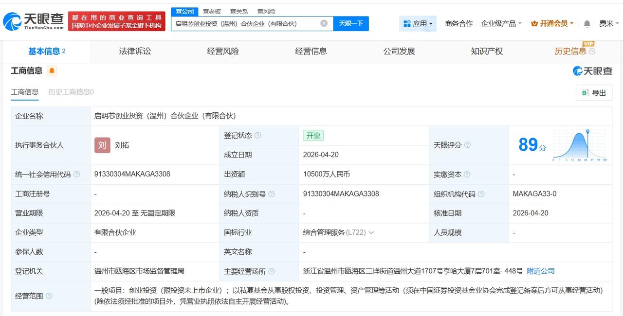 易方达等在温州成立新合伙企业 出资额1.05亿

天眼查App显示，近日，启明芯