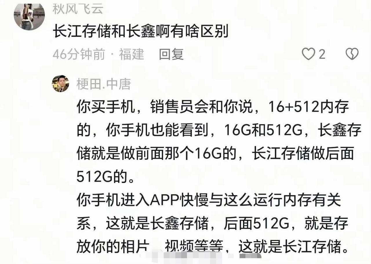 网友分析了长江存储和长鑫存储的区别

言简意赅，终于搞懂了