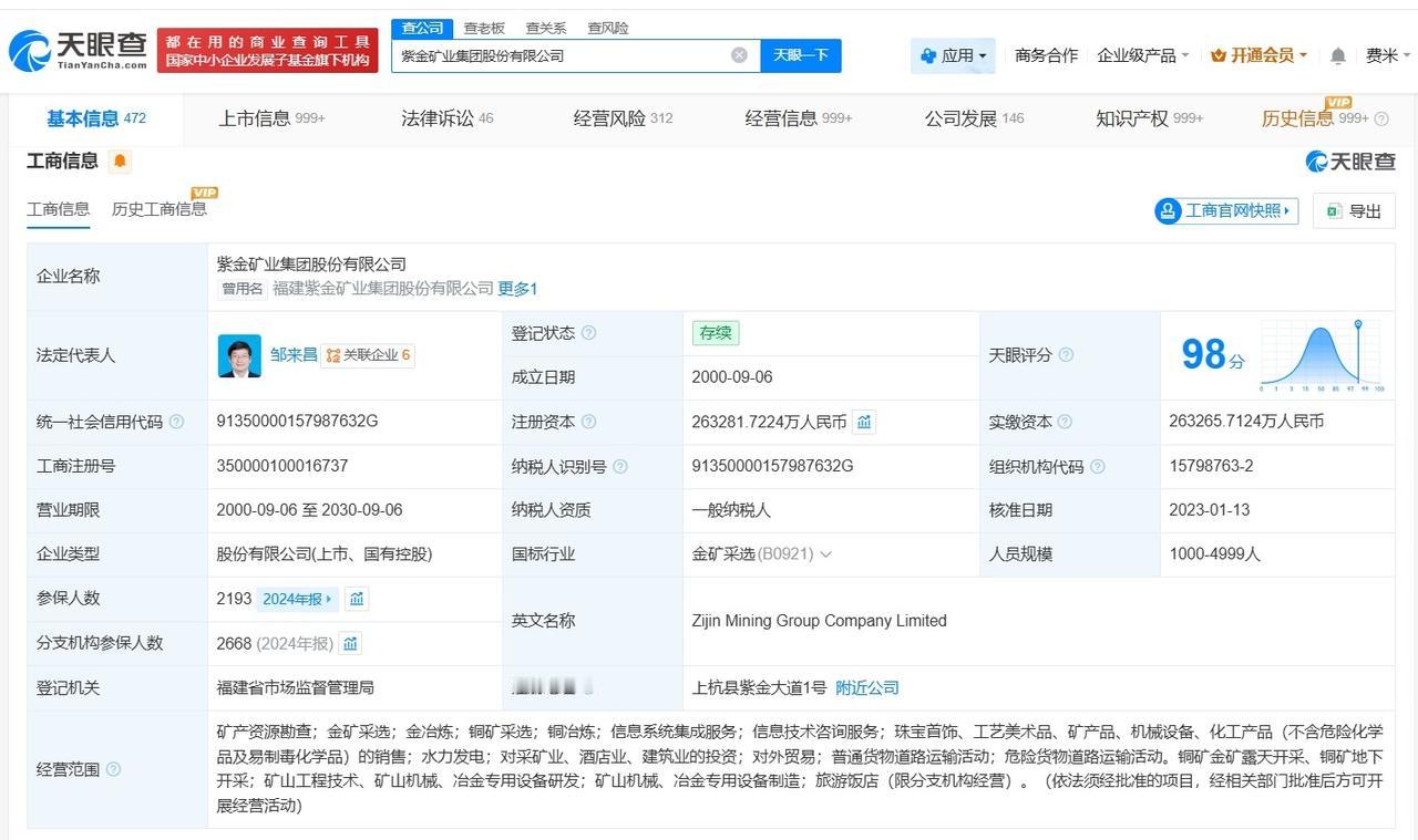 紫金矿业商业版图盘点
紫金矿业近一年在多地成立新公司 紫金矿业近一年成立多家新公