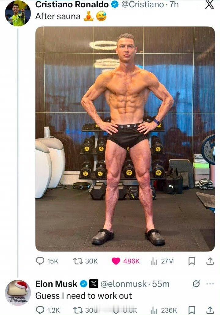 马斯克被C罗身材卷到了 企业家怎么与运动员卷身材，马斯克也是传播大师