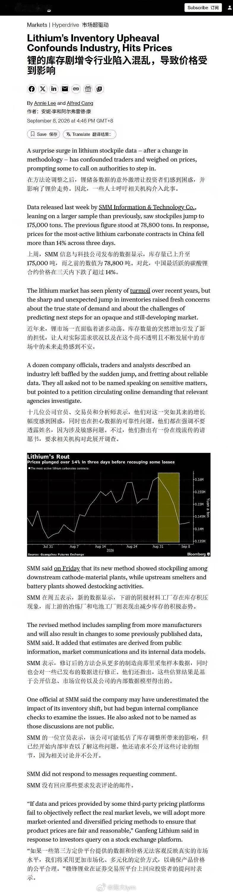 上周锂库存样本变动的事 今天彭博报道了碳酸锂期货 ​​​