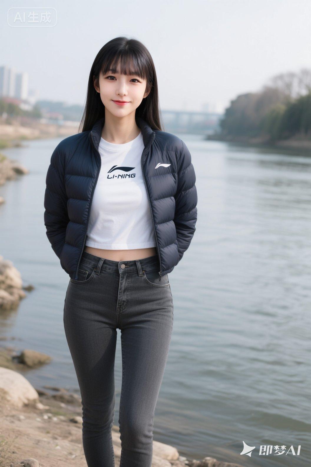 女孩河边上伫立，前庭饱满挺拔，梨涡浅笑，深色时尚的羽绒服，超贴身紧身深灰色牛仔裤