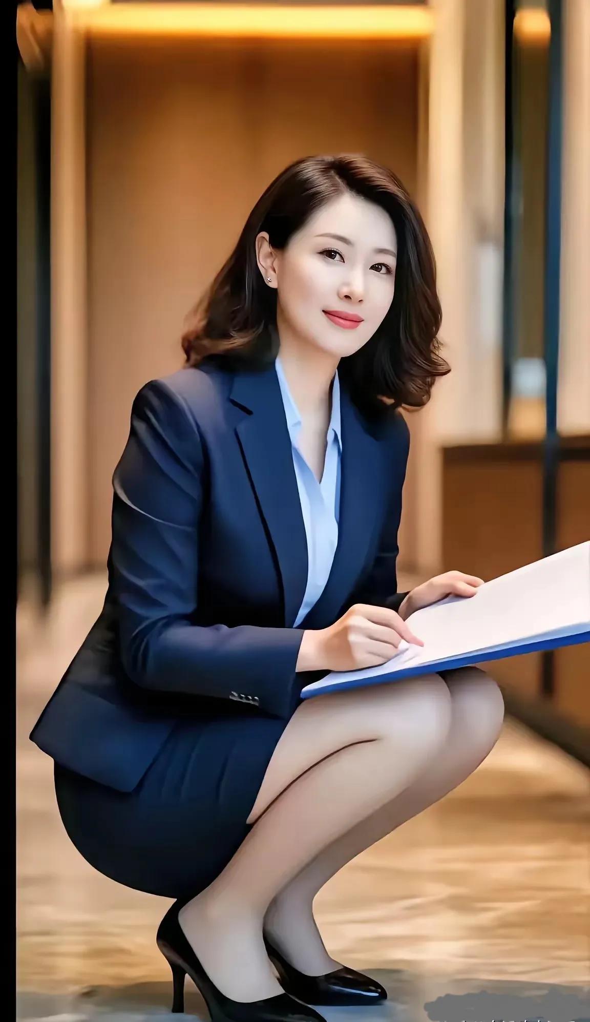 在现场给老板汇报工作，女部下穿着短裙这样斜着蹲才好，又体面又不令人尴尬…