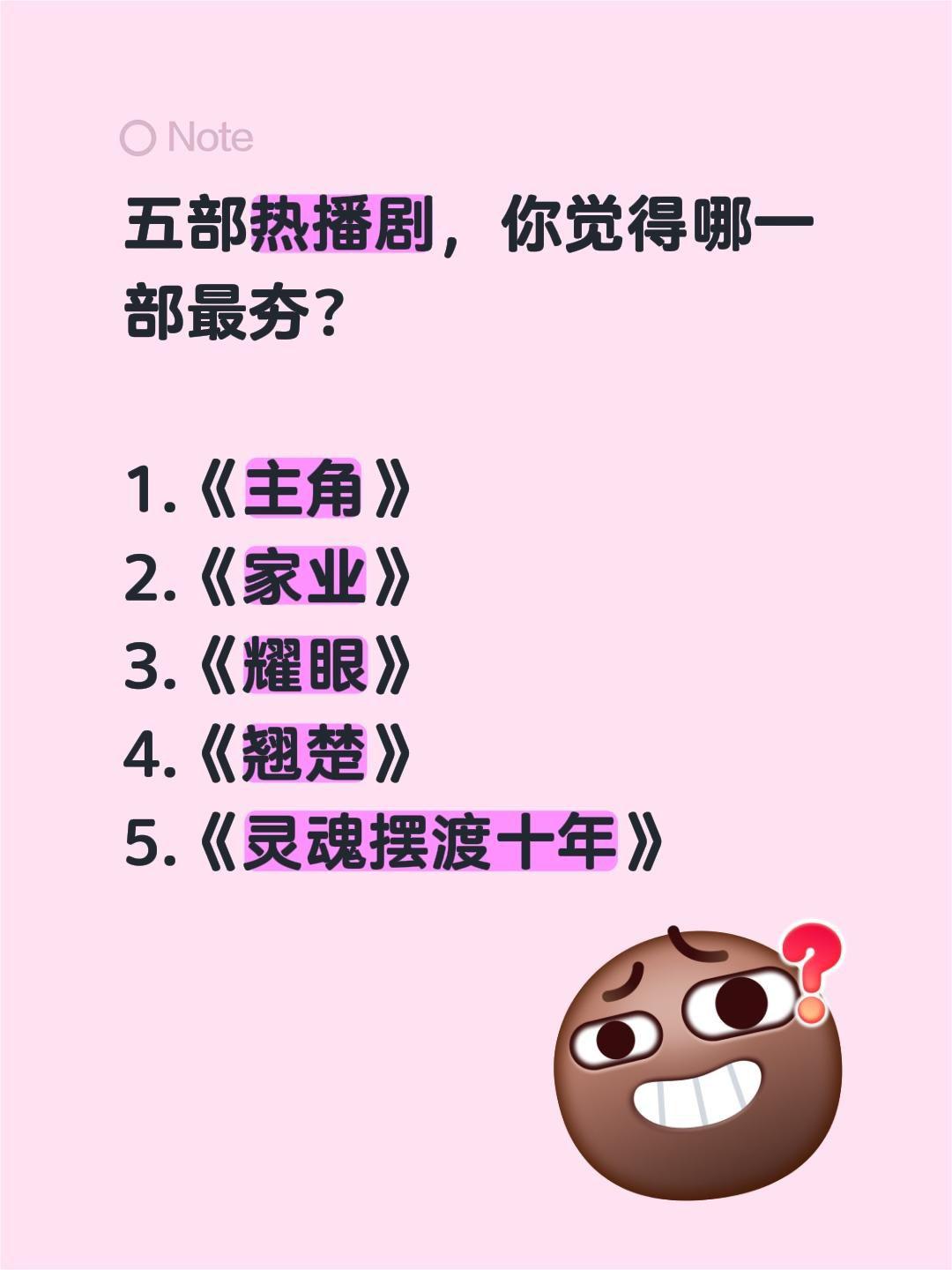 五部热播剧，你觉得哪一部最夯？

1.《主角》
2.《家业》
3.《耀眼》
4.