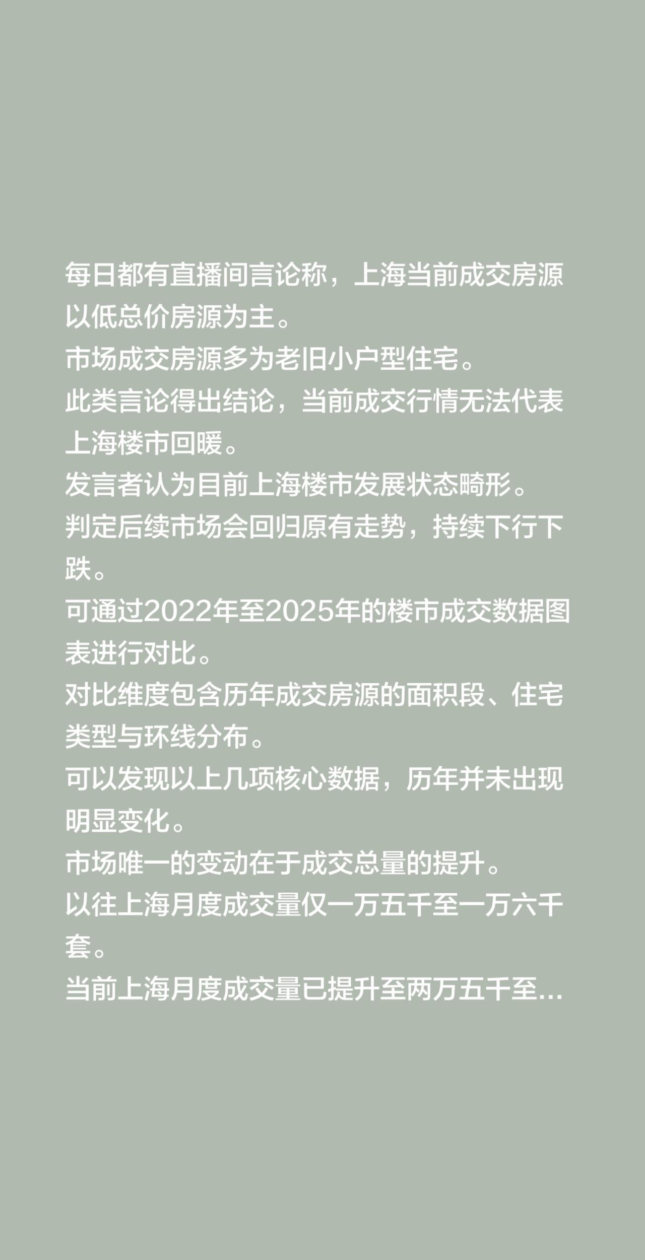 每日都有直播间言论称，上海当前成交房源以低总价房源为主。
市场成交房源多为老旧小