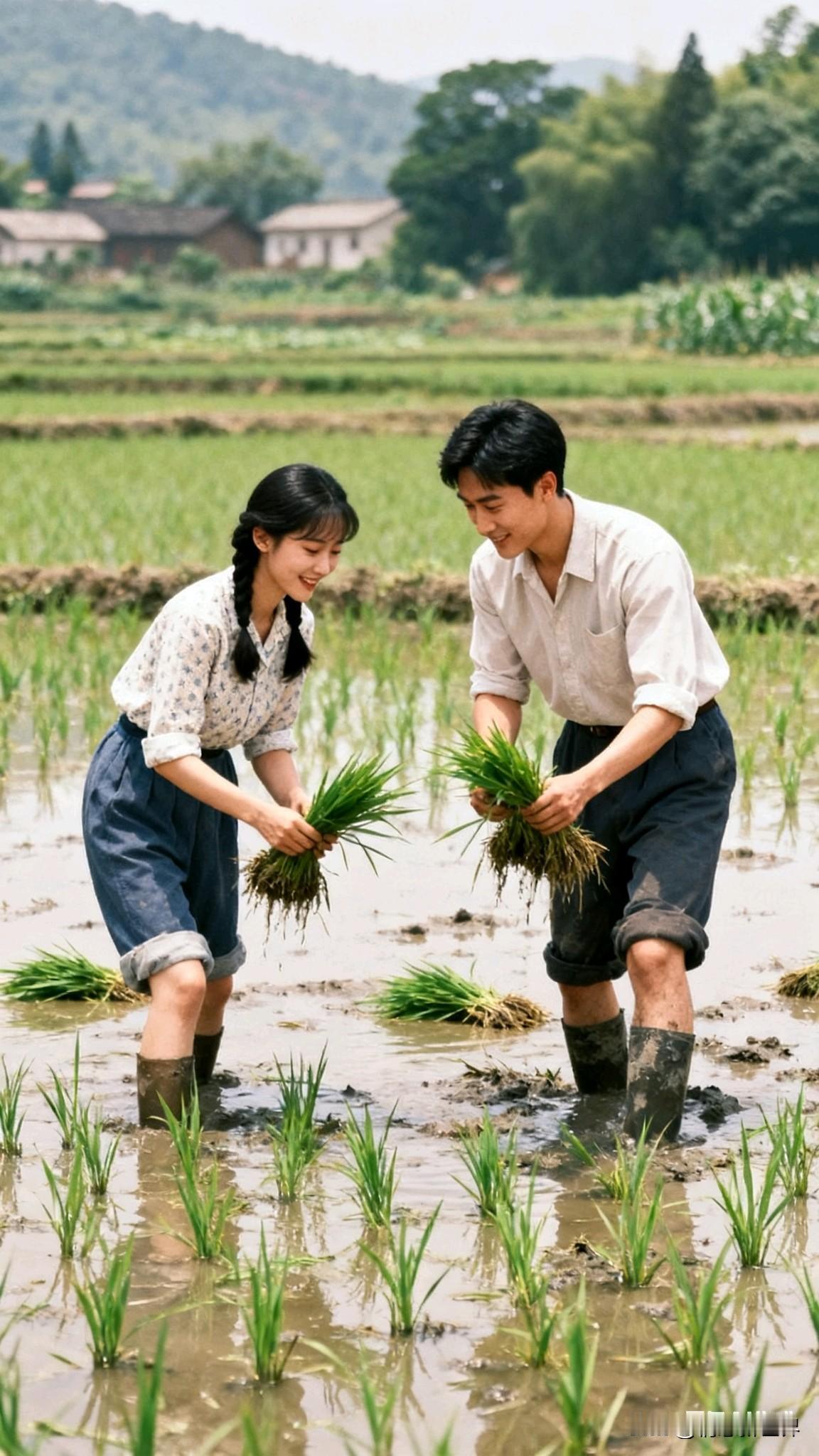 田园情侣共植稻田，笑语盈盈，岁月静好。亲子田园劳动 田园小情侣