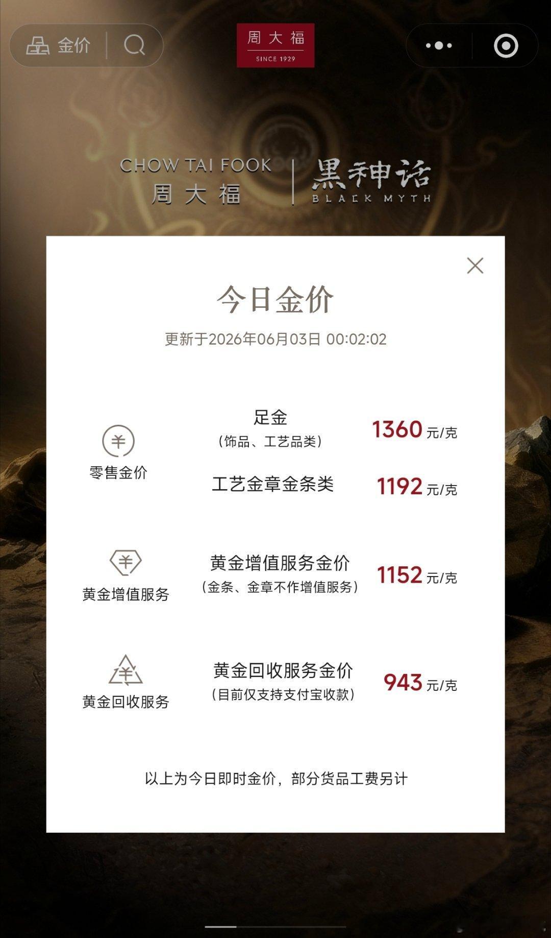 国内金价跌破980元每克看了一眼，周大福今日饰品价格还在1360元/克，还是有点