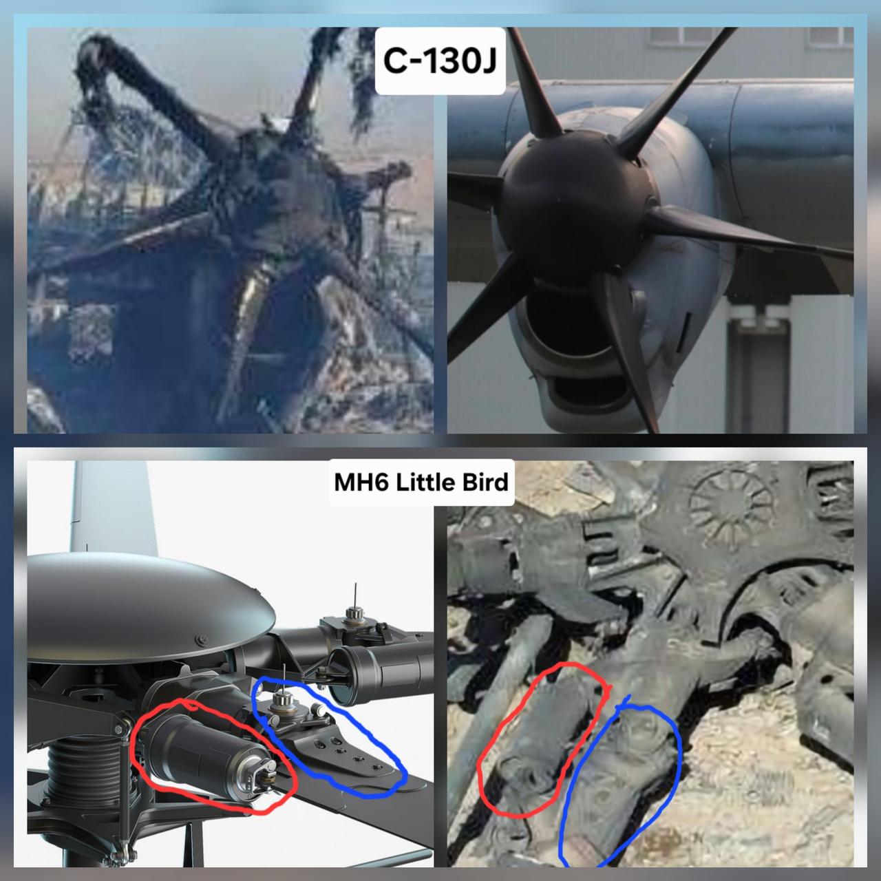 根据对伊朗坠机残骸的初步分析， 发现了一架C-130J运输机和一架MH-6“小鸟