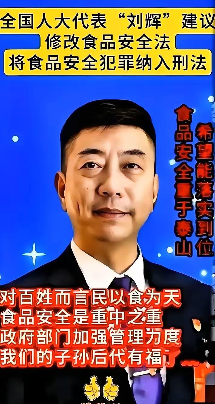 这消息一出来，
直接震住太给力了！
全国人大代表刘辉提出建议：将食品安全纳入刑法
