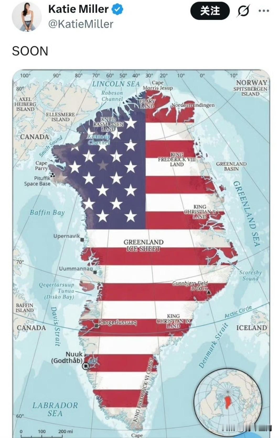 白宫副幕僚长的妻子发布了一张用美国国旗颜色绘制的格陵兰岛地图，并配文“很快”。
