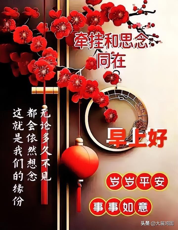 新年祝福语，挂满红灯笼和花朵。