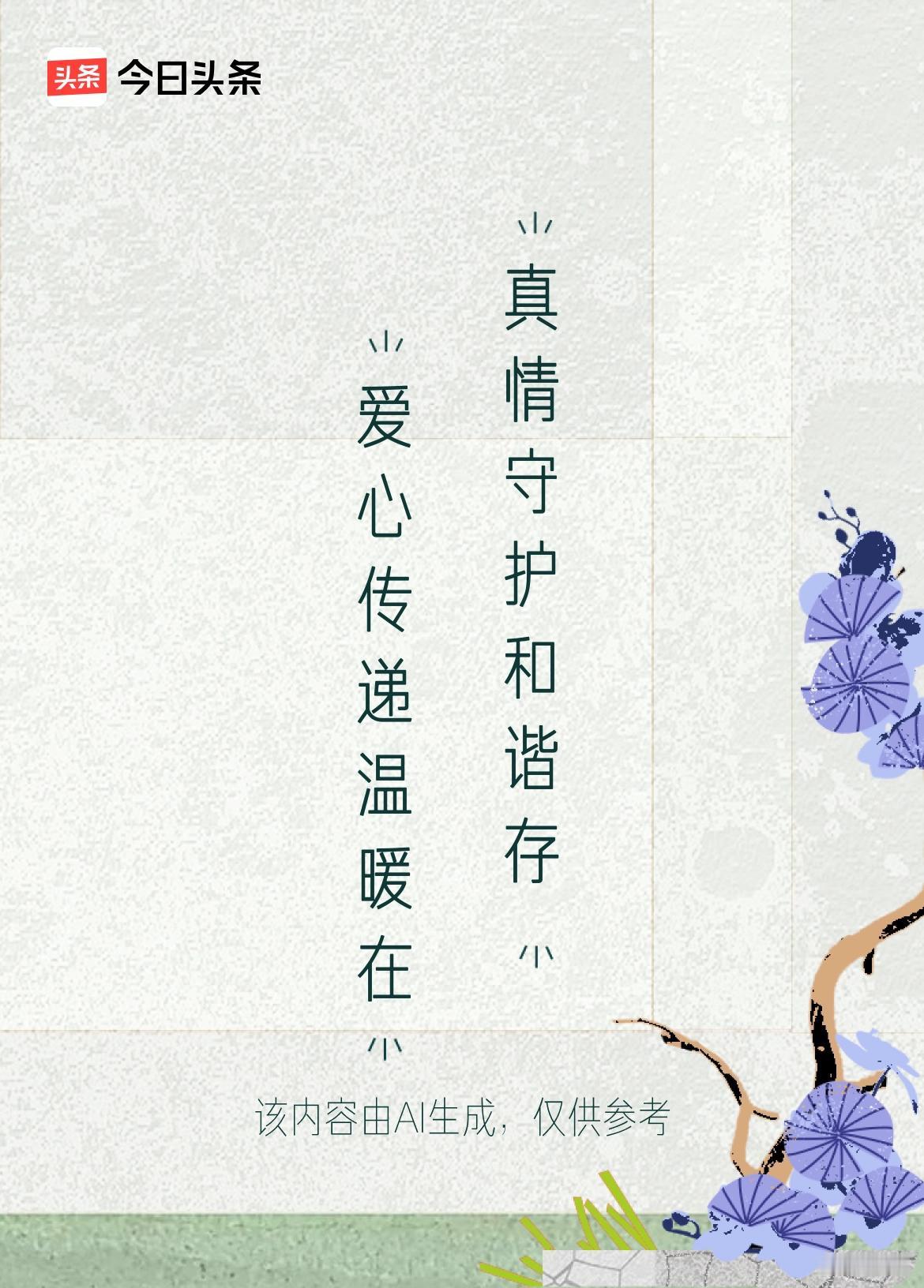 微头条
上联：爱心传递温暖在
下联：真情守护和谐存
这个下联“真情守护和谐存”与