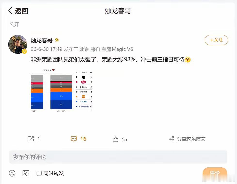 海外又有好消息！据2025 Q1–2026 Q1非洲智能手机数据，大盘在缩，荣耀