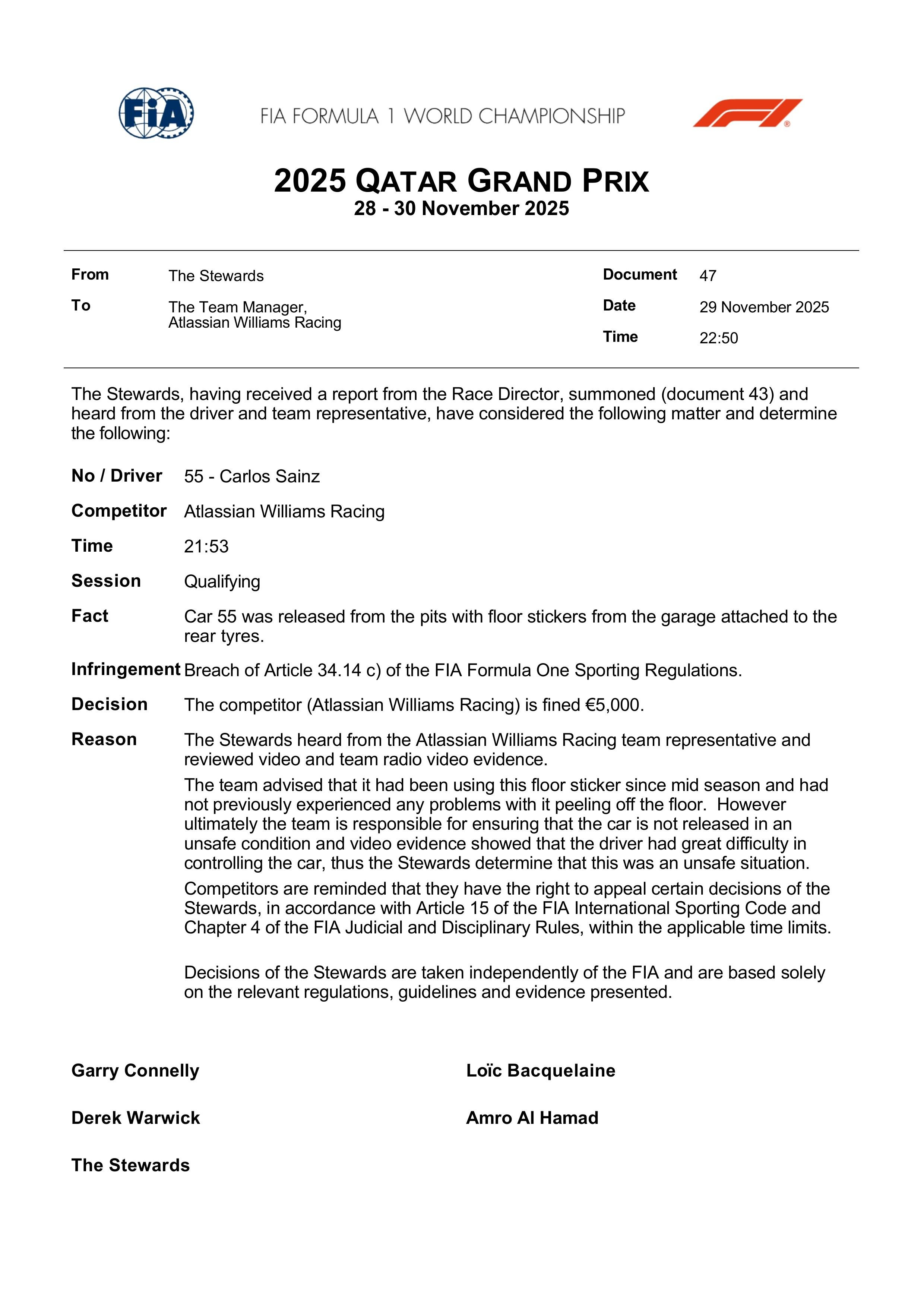 威廉姆斯车队因在不安全的情况下释放塞恩斯的赛车，被罚款5000欧元F12025F