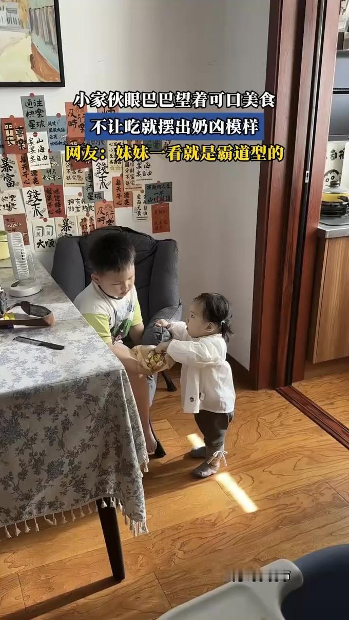 小家伙眼巴巴望着可口美食，不让吃就摆出奶凶模样。网友：妹妹一看就是霸道型的。
5