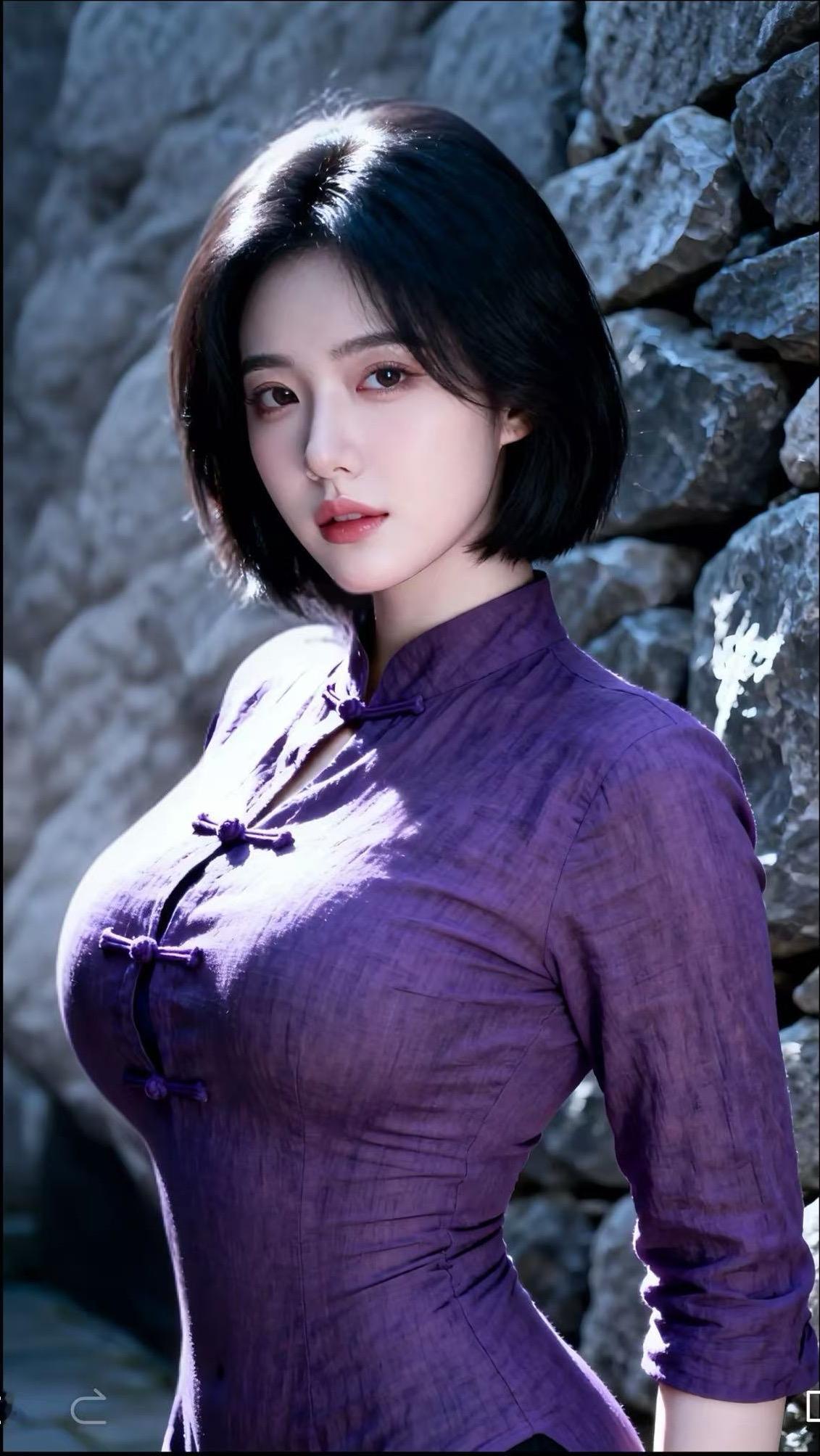 紫韵风华

她身着一袭典雅的紫衣，宛如从旧时光中款款走来。立领设计衬出修长脖颈，