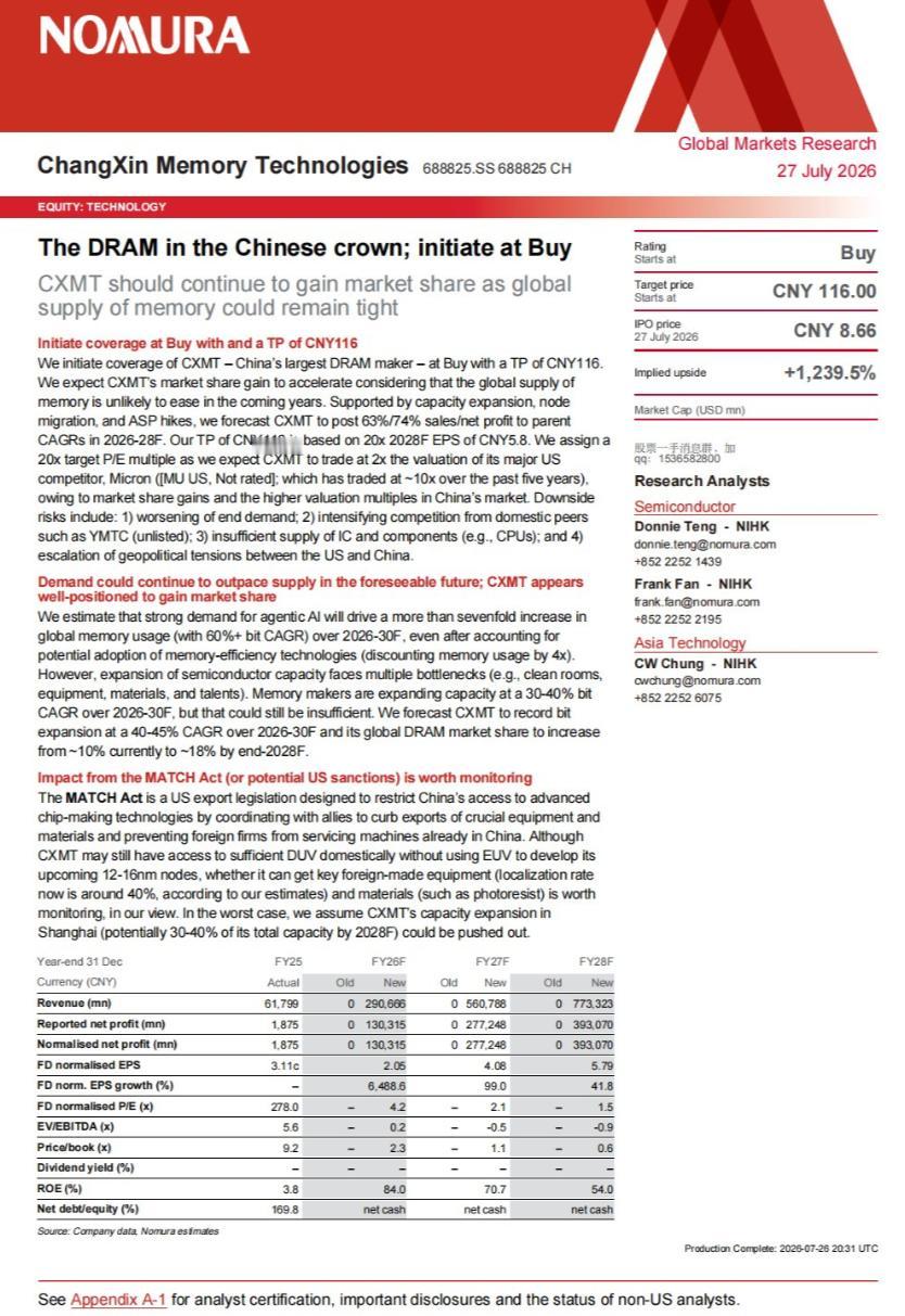 野村证券对长鑫科技给予买入评级，并给出116元的目标价，较发行价隐含+1239.