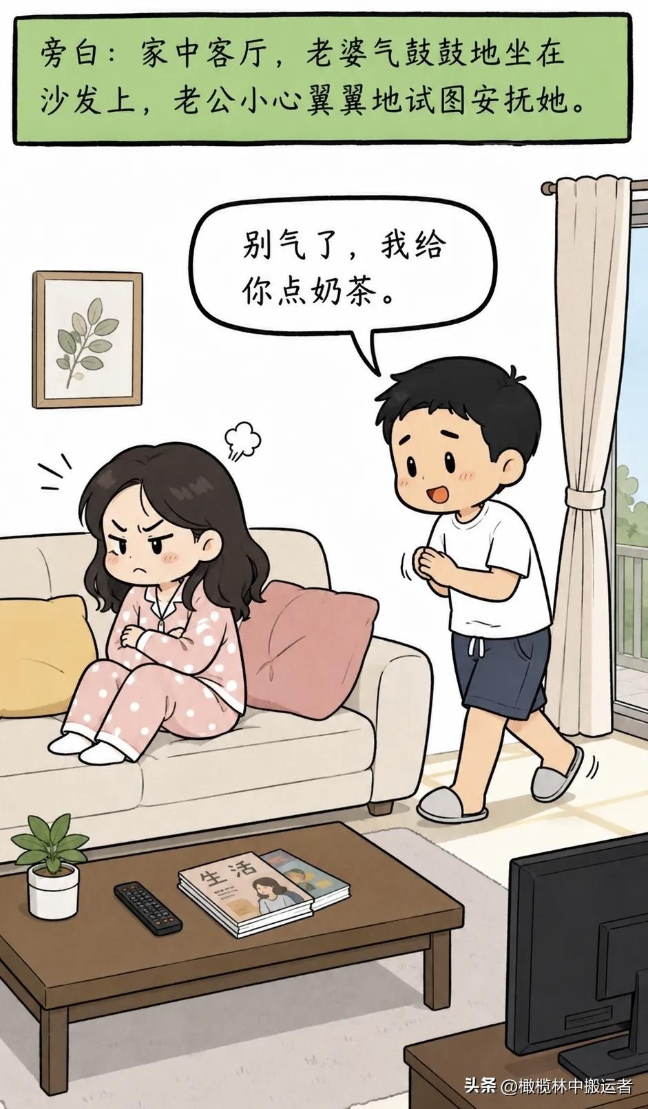 趣味漫画：老公：别气了，我给你点奶茶。老婆：我像是一杯奶茶就能哄好的人吗？老公：