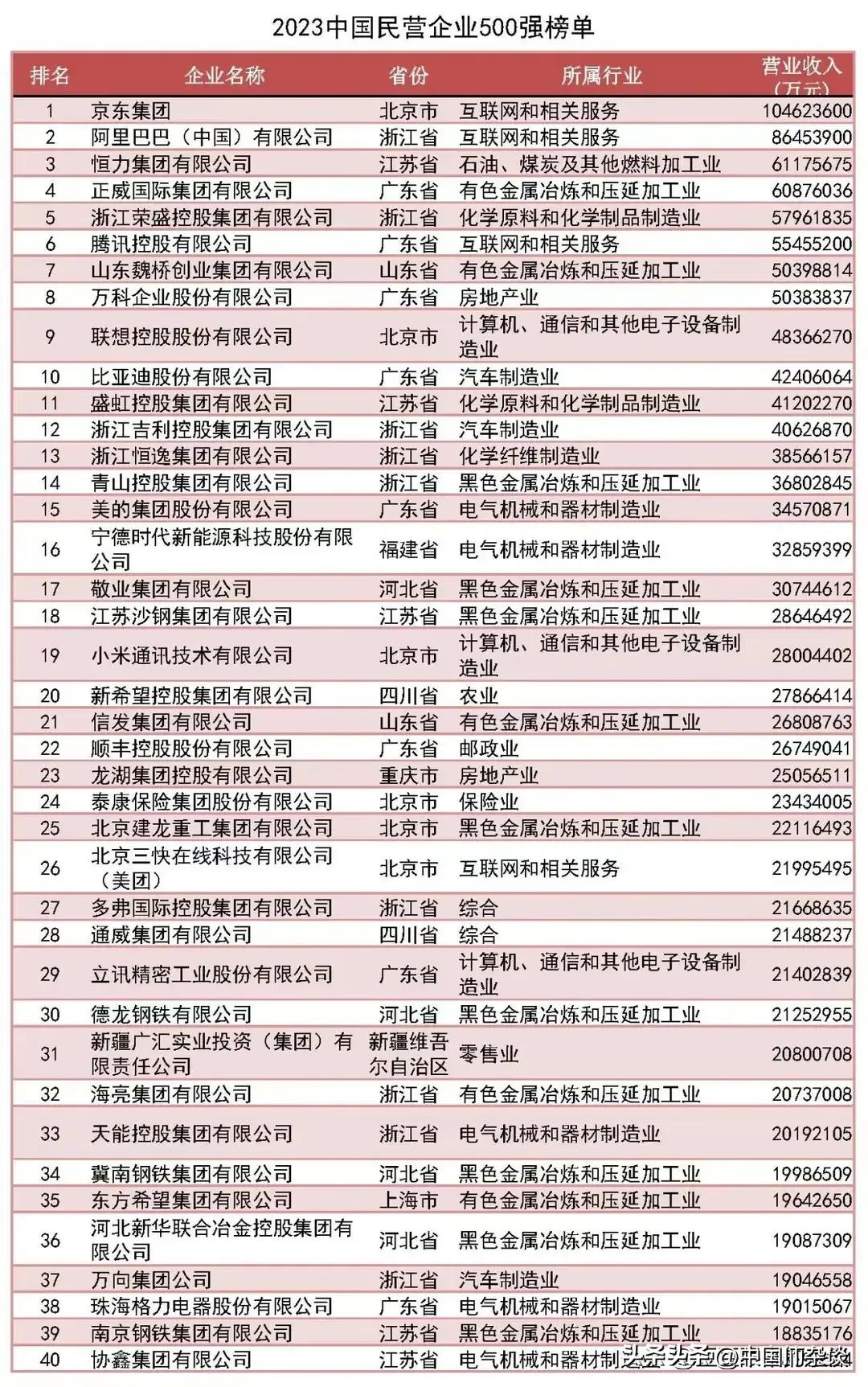 全国工商联发布的“2023中国民营企业500强”榜单中的前40强。排名第一的京东