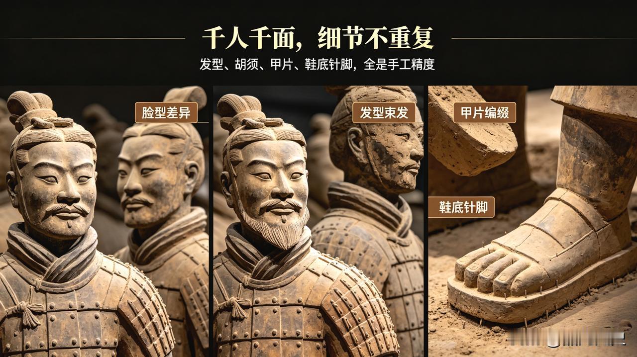 陶俑身高1.8米左右，但头部、躯干、四肢全是分体制作，最后拼合。更绝的是——千人