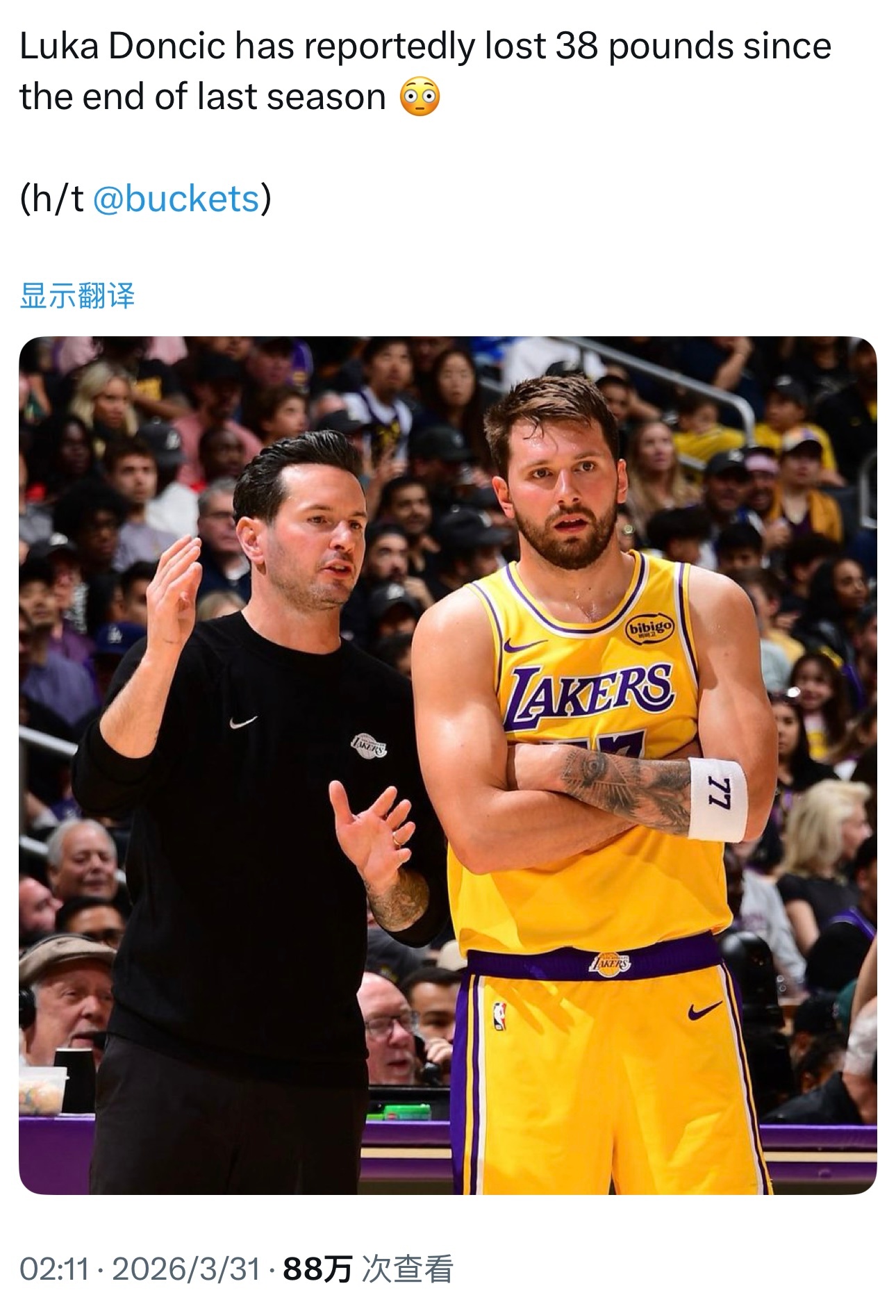 据美媒报道，上赛季结束至今，东契奇已累计减重38磅（约17.2公斤）。本赛季开始