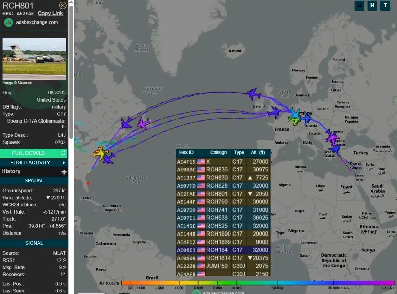 美军C-17大型运输机在过去一天内在美国本土与欧洲之间进行密集的穿梭飞行，主要是