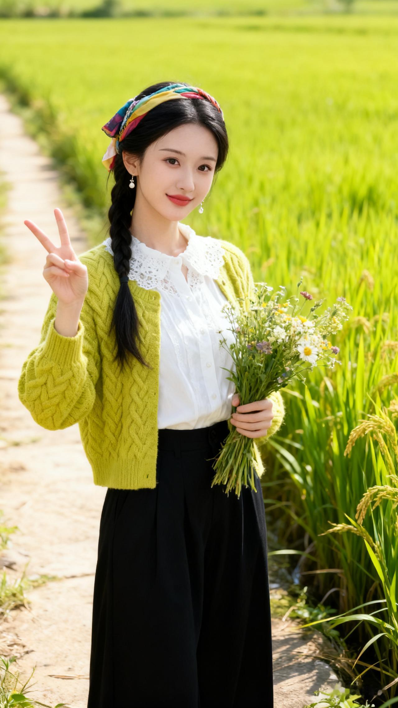 黑长直发的少女在稻田小径间驻足，麻花辫与彩色发箍相映，笑容明媚。白衬衫外搭黄绿色