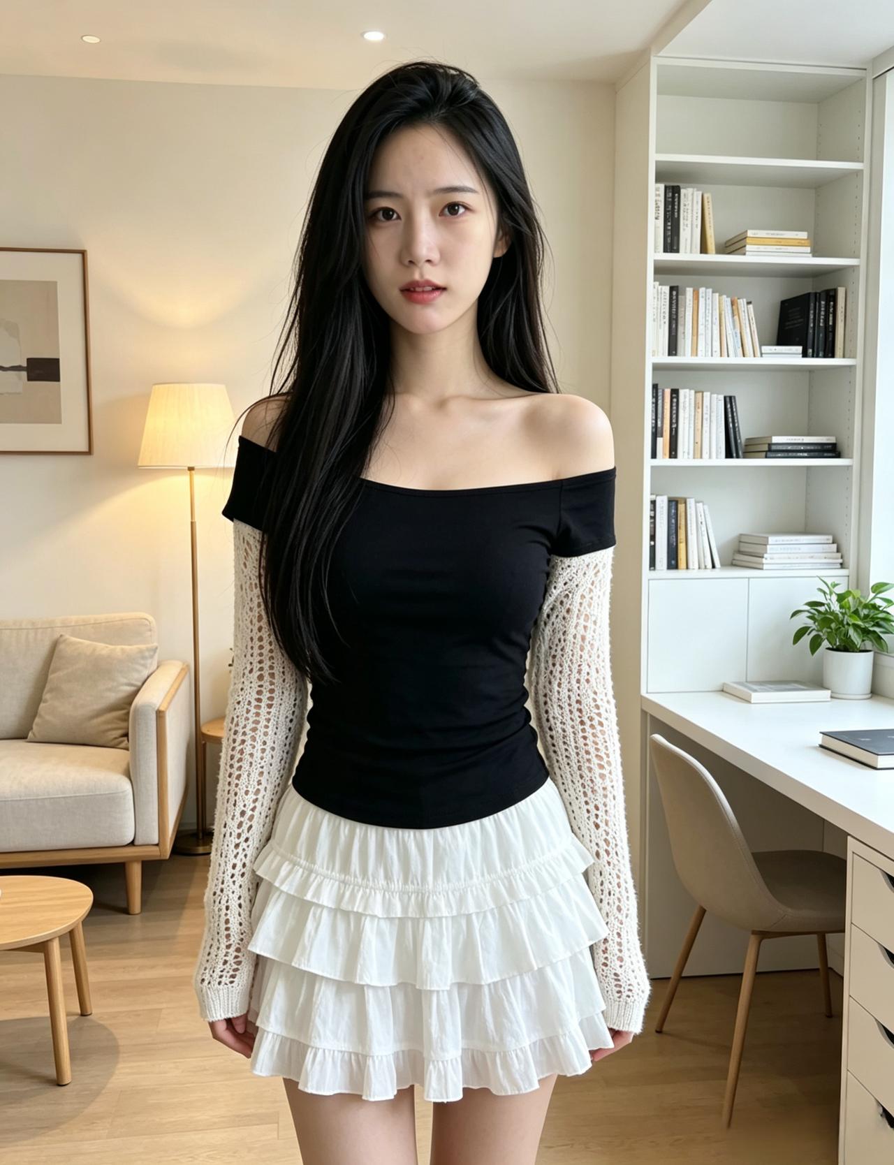黑衫白袂自天成，露肩如月映灯明。
层裙轻叠如云起，一室温柔伴影生。