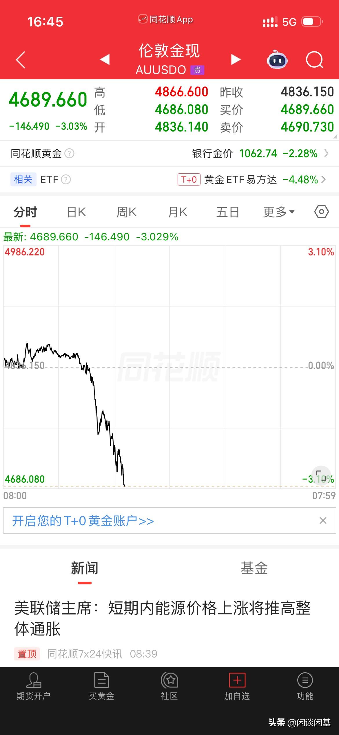 暴跌！杀疯了！现货黄金大跌150美元/盎司，从4866美元下挫至4686美元，现