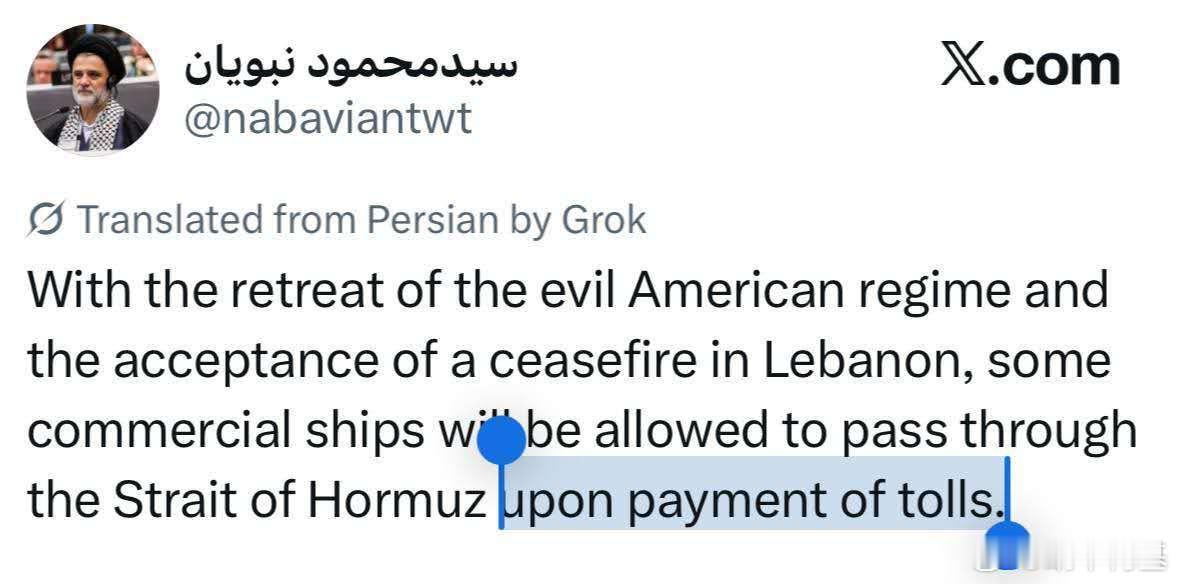 伊朗议员、伊斯兰堡代表团成员赛义德·马哈茂德·纳巴维安表示：“部分商船将被允许通