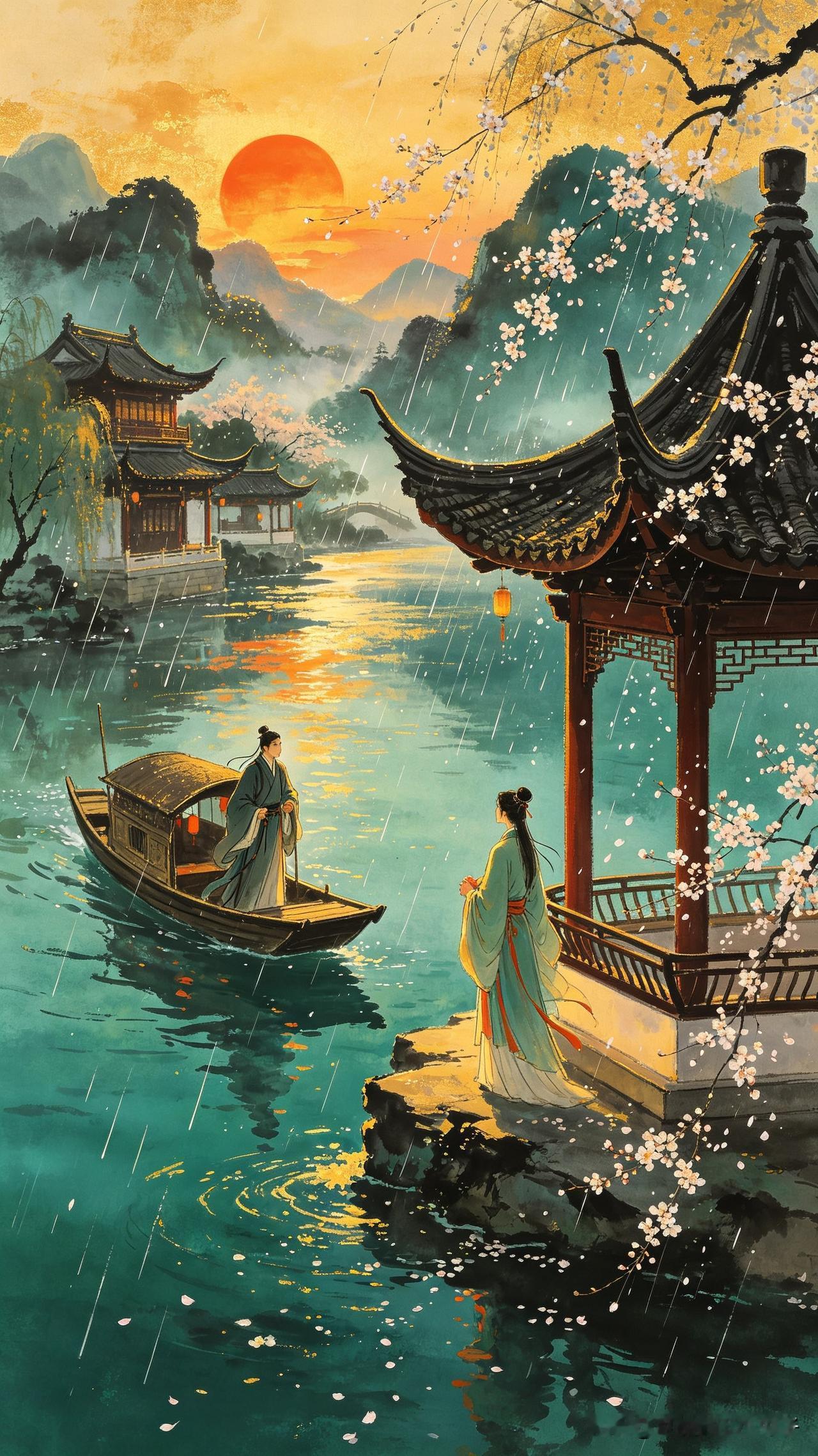 杨花落尽子规啼，
执手长亭日已西。
从此江南烟雨色，
      
…………请师