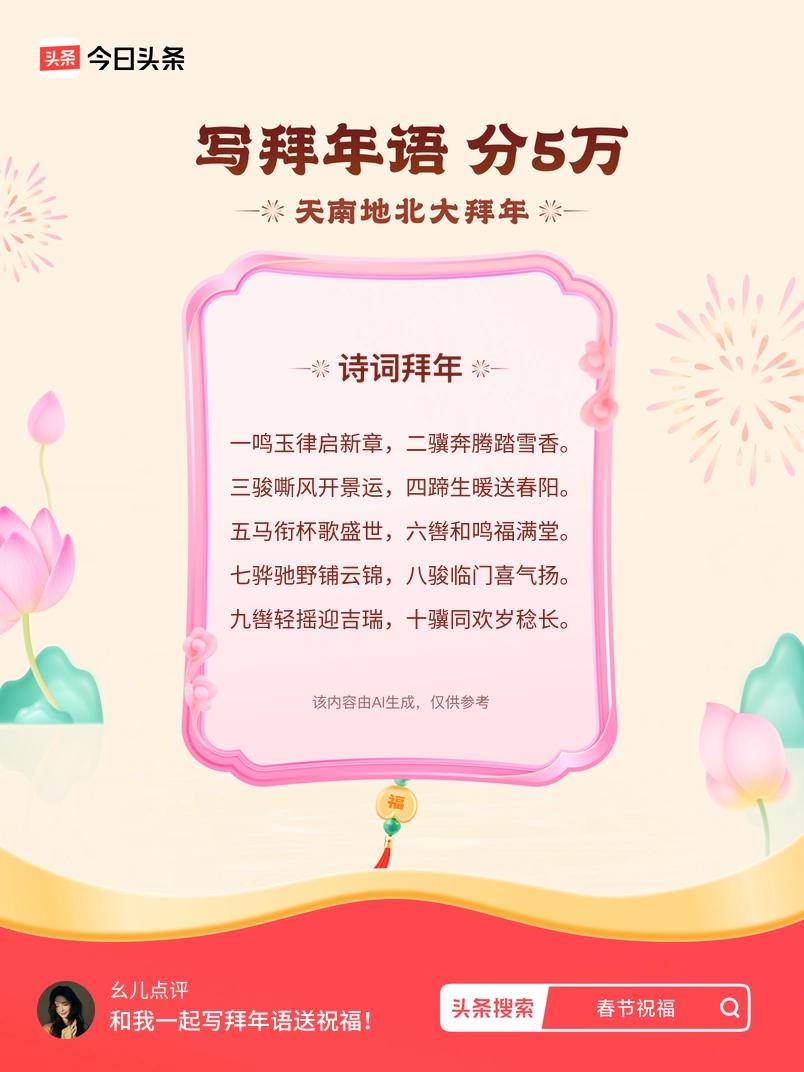 写拜年语送祝福新春拜年送祝福！我的祝福是：“一鸣玉律启新章，二骥奔腾踏雪香。三骏