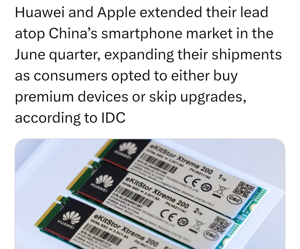 参考“Huawei and Apple extended their lead 