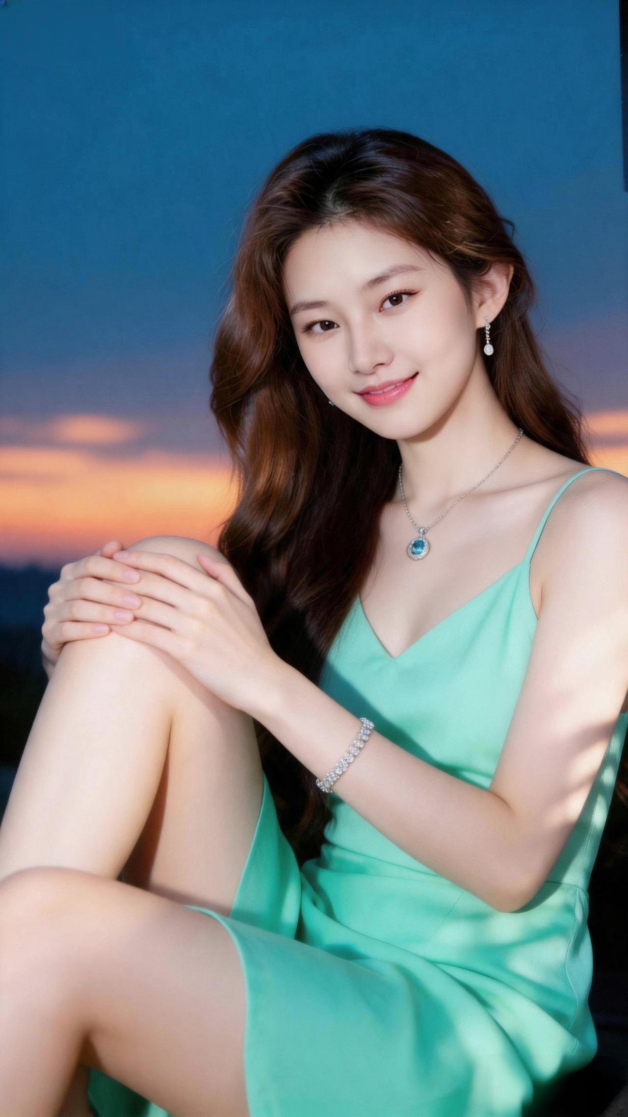 温柔晚霞下的少女，浅绿色连衣裙，甜美笑容，梦幻氛围。