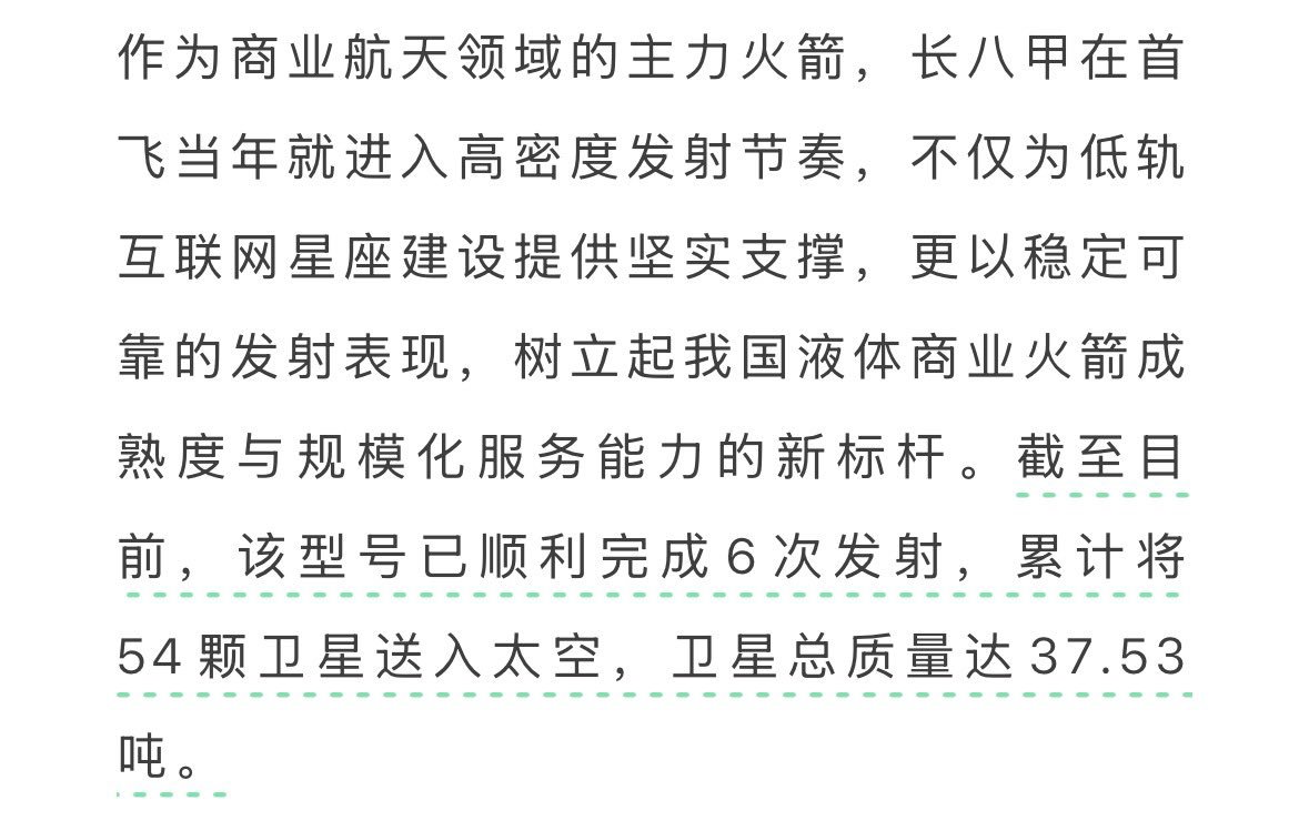长征八号甲 已顺利完成6次发射，累计将卫星互联网低轨星座(星网)54颗卫星送入太