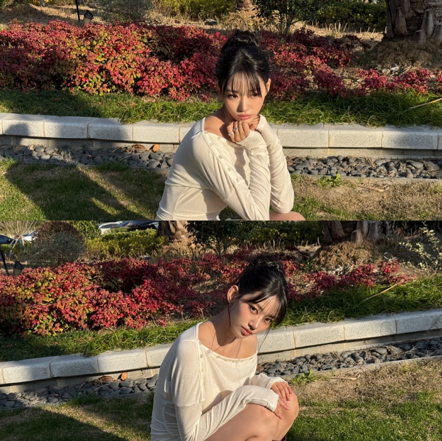 Sooin现在有股微妙的清冷感可能与她扎起头发及露出单薄的肩颈后背有关 