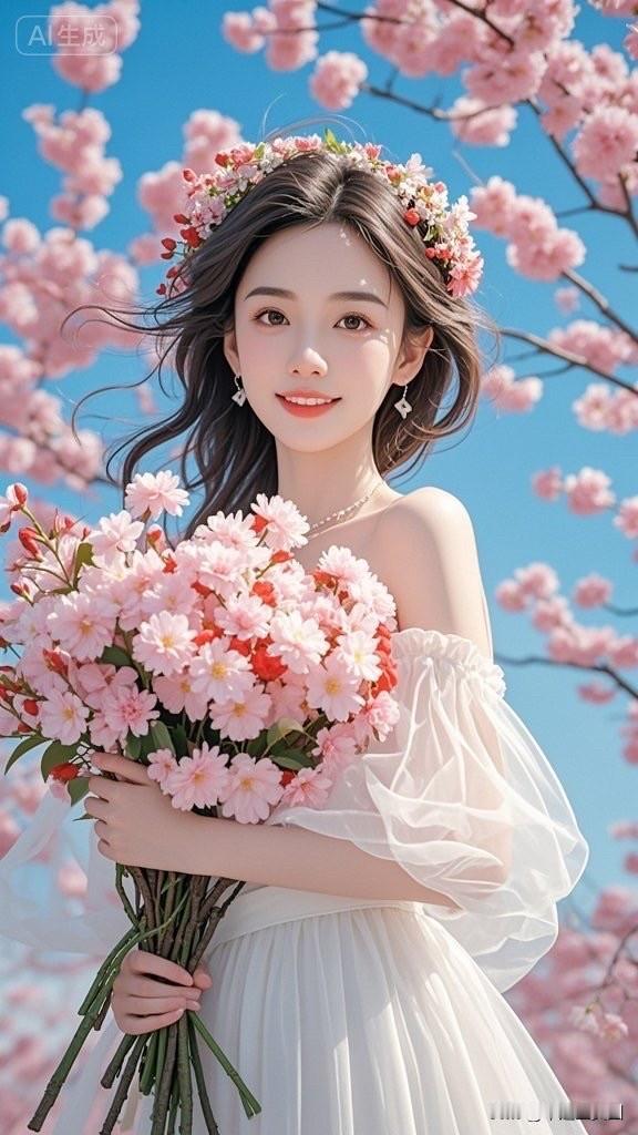 樱花树下，少女与花共舞，春日浪漫气息扑面而来。🌸💐🌸