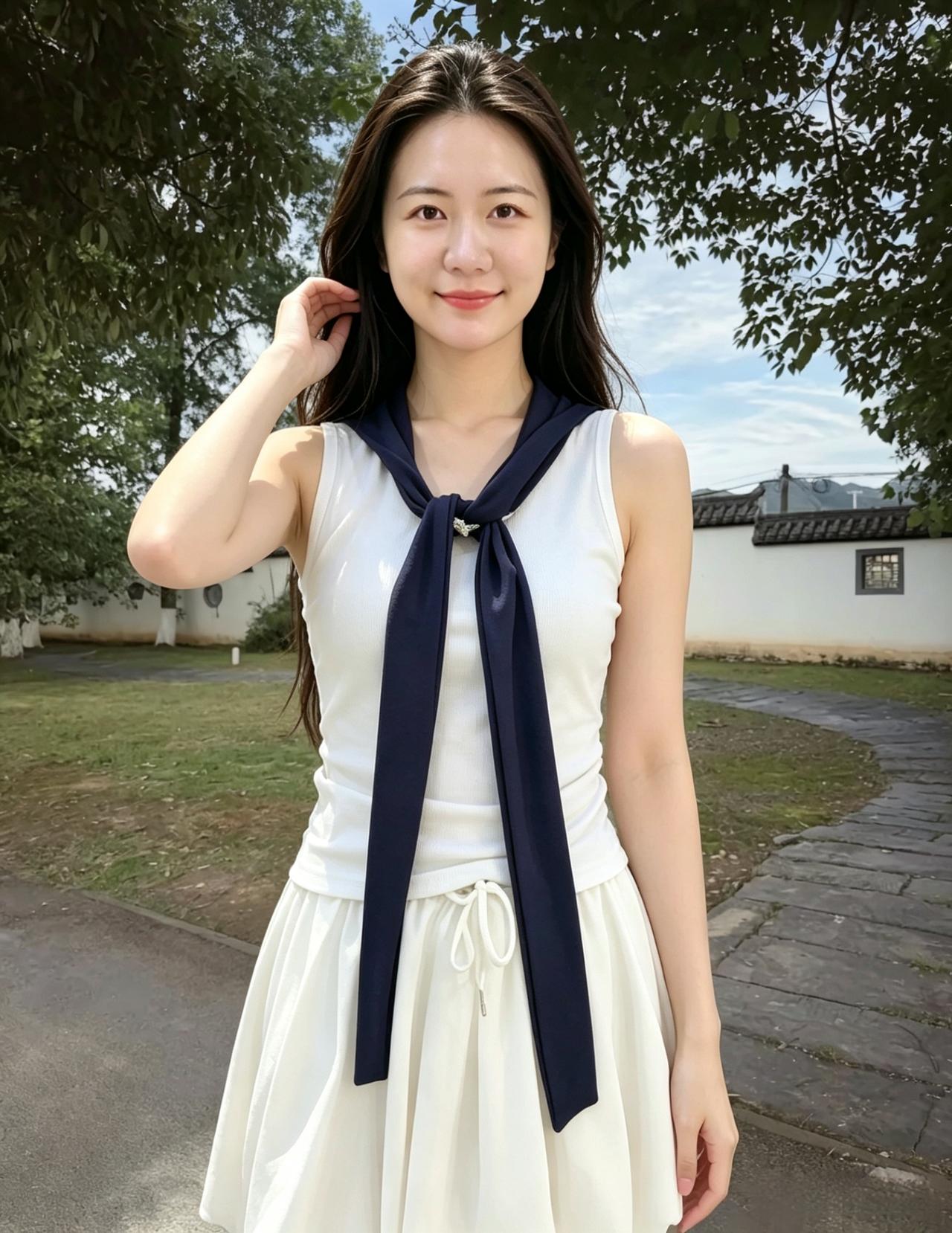 翠树葱茏覆暖阳，佳人娴静倚苍桑。
眉弯远山含秀气，眼漾清溪带柔光。
淡素衣衫藏雅