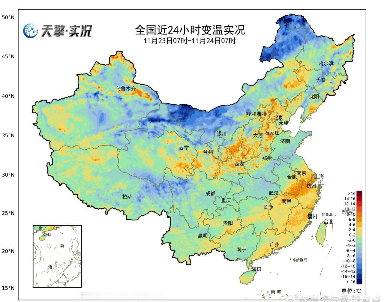 受冷空气影响，今晨，最低气温0℃线位于甘肃南部、陕西中部至河北北部一带；内蒙古西