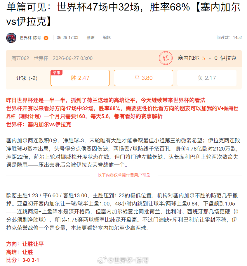 昨日世界杯全部结束，陈哥看好方向6场√了四场，单篇4√3，世界杯开赛以来看好53